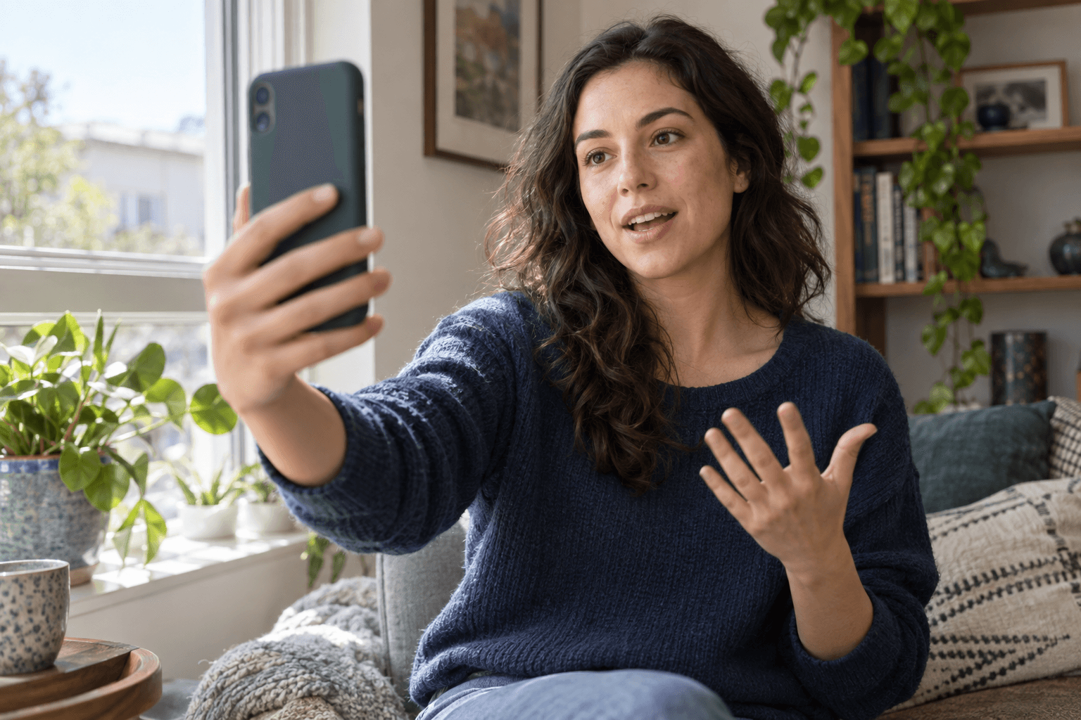 A person at home recording a video answer with the selfie camera on a phone
