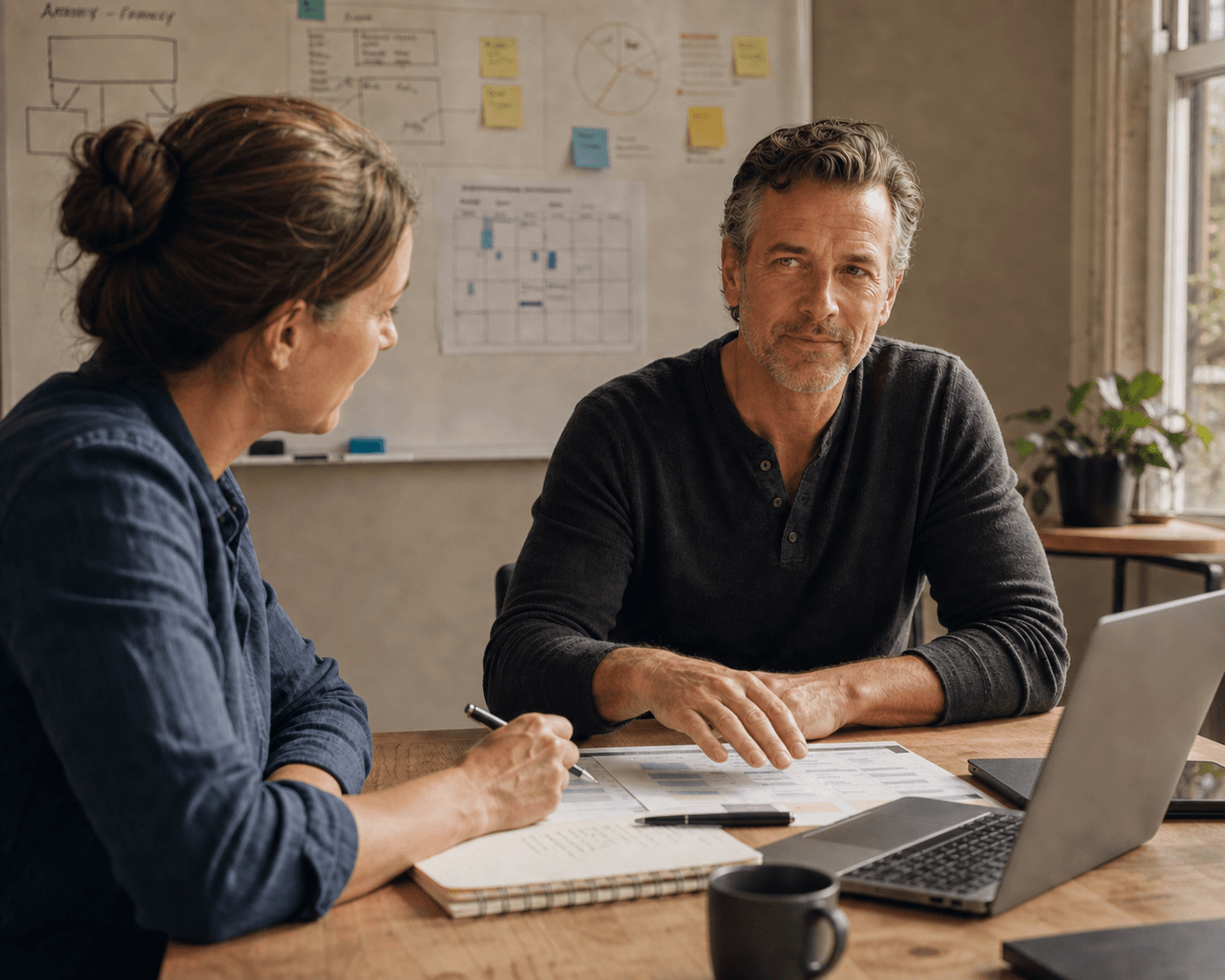 An experienced business coach working through a plan with a client