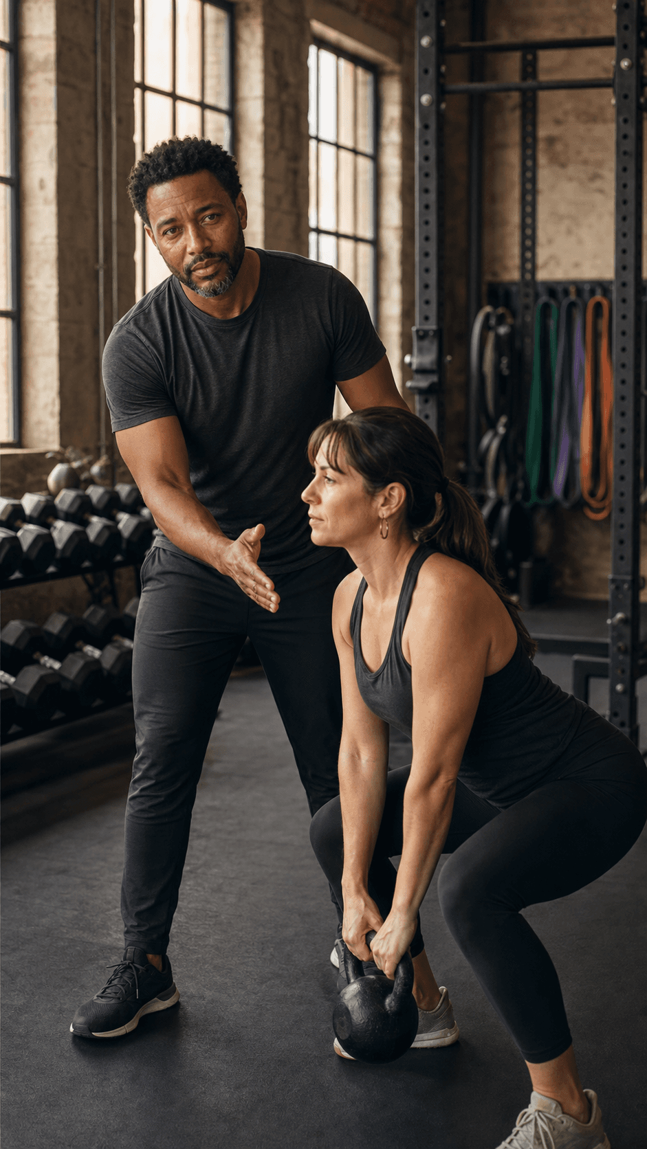 A personal trainer coaching a client through a kettlebell exercise